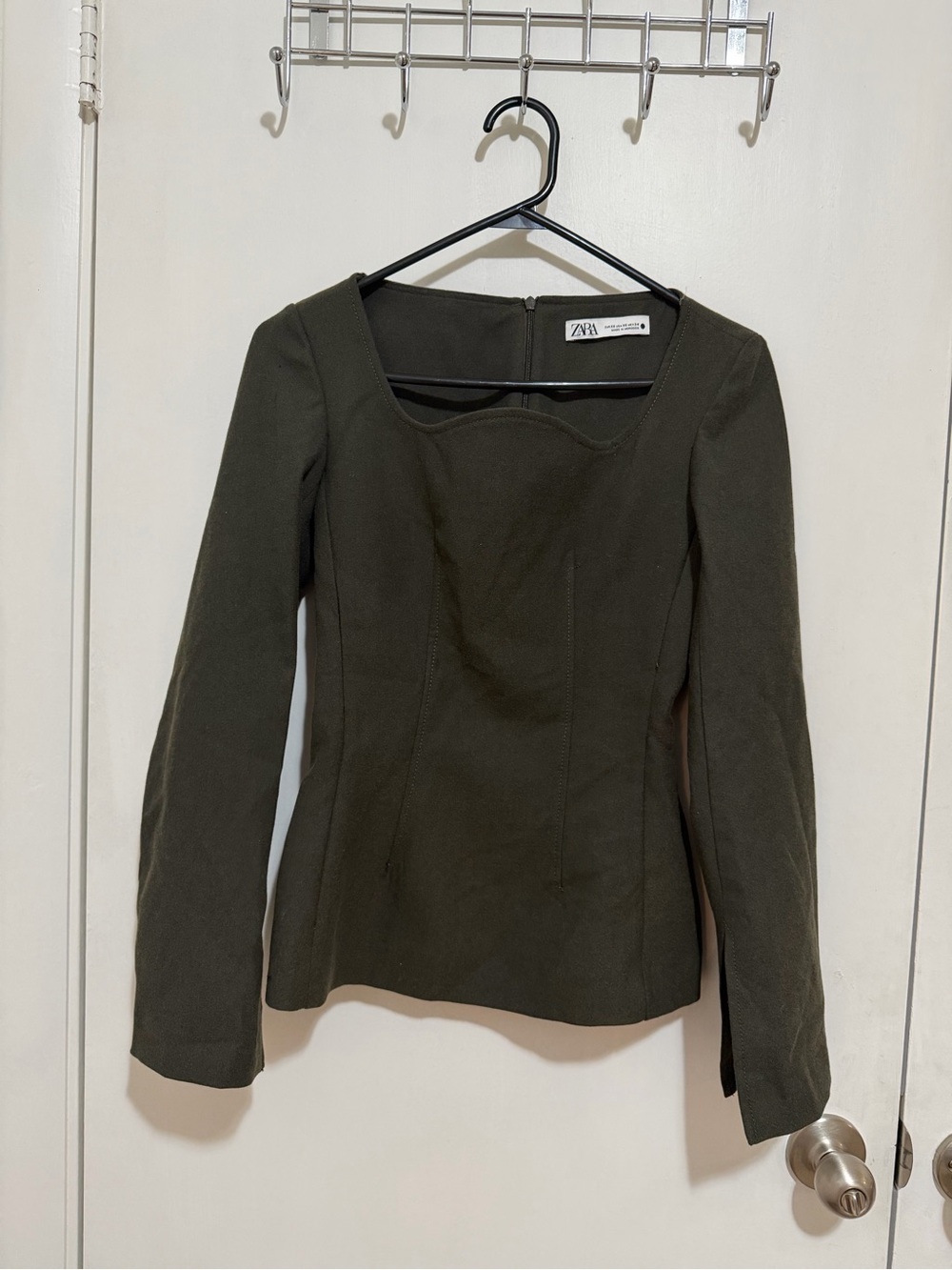 Zara Dark Olive Square Neck Long Sleeve Top